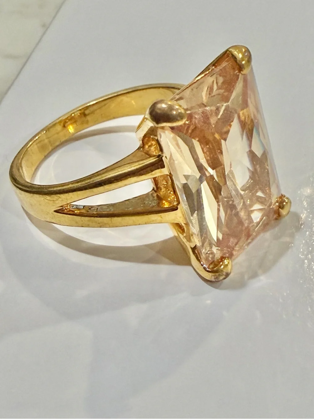 Gold Plated Champagne CZ Emerald Cut Statement Cocktail Ring SZ 9.25